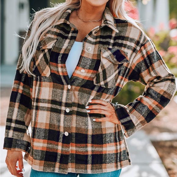 PLAID BUTTON FRONT SHIRT JACKET BREAST POCKETS - Picture 3 of 5